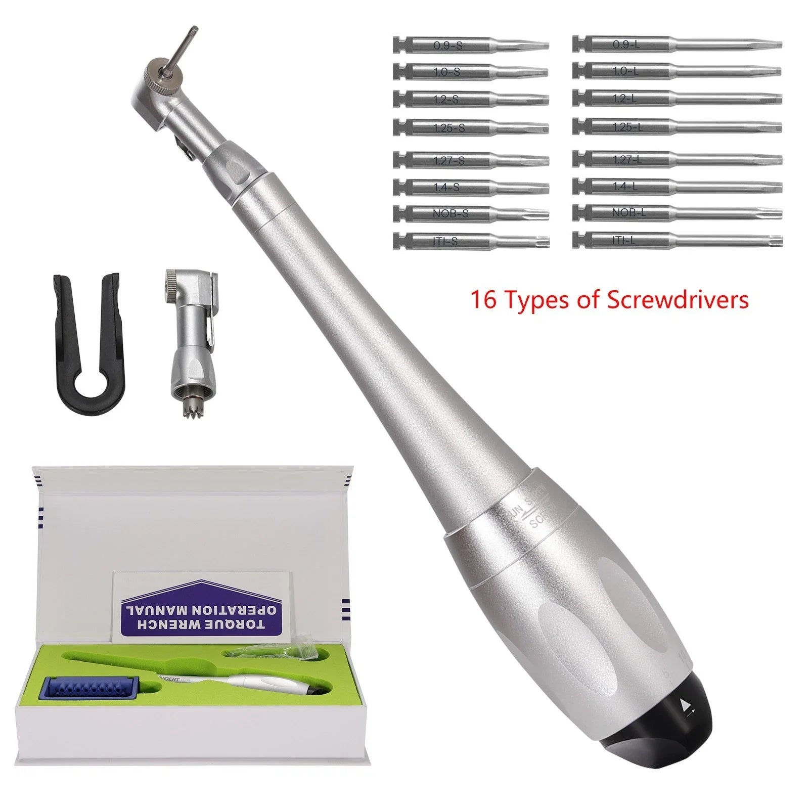 2Colors Dental Universal Implant Kit Torque Wrench Contra Angle Handpiece &16pcs Drivers